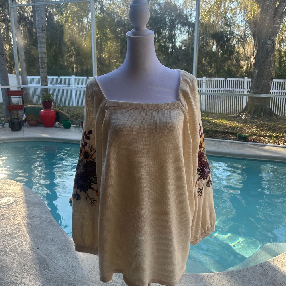 The Pioneer Woman Cream Sweater with Floral Embroidery cottagecore grannycore